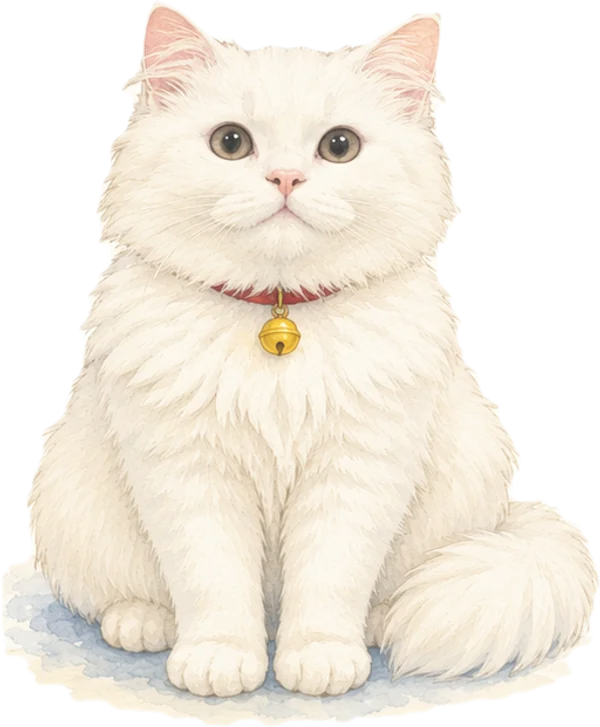 Rio, a white long-haired cat with a red collar and a small gold bell, sitting and looking up