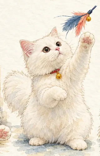 Rio reaching up with one paw for a feather toy