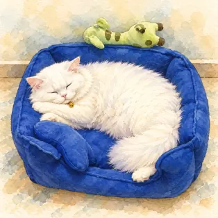 Painting: Rio curled up asleep in his round bed