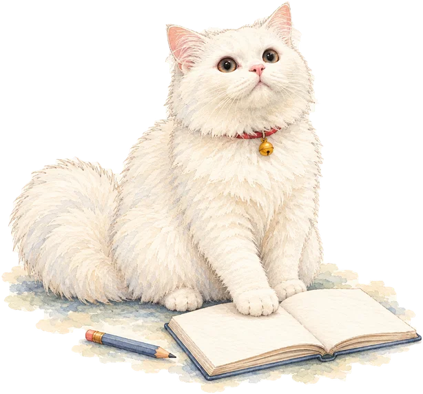 Painting: Rio sitting beside an open notebook, one paw on the page, a pencil beside it