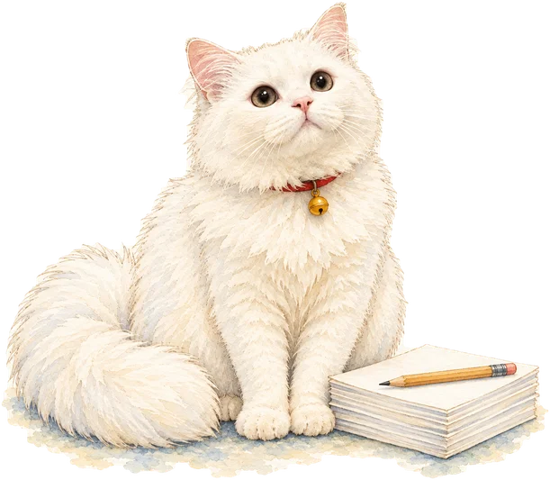 Rio sitting beside a neat stack of papers with a pencil on top