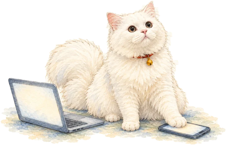 Painting: Rio sitting between an open laptop and a phone