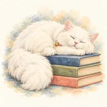 Rio asleep on a stack of books