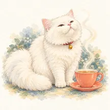 Rio sitting next to a steaming cup of tea on a desk