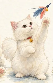 Rio reaching up with one paw for a feather toy